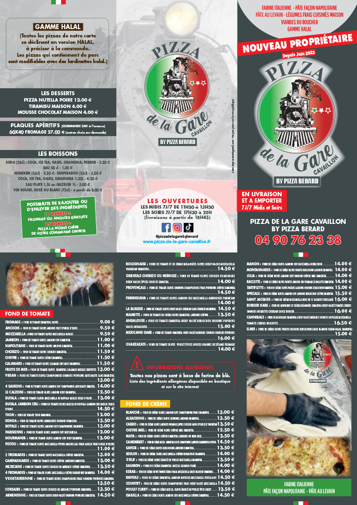 menu pizza de la gare Cavaillon 2025
